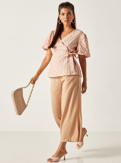 Checked Hip Length Wrap Top with Balloon Sleeves and Tie-Ups