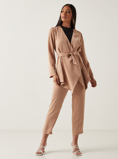 Solid Asymmetric Hem Jacket with Tie-Up Belt and Long Sleeves