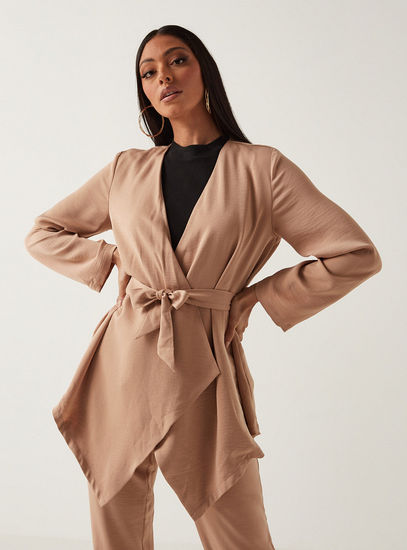 Solid Asymmetric Hem Jacket with Tie-Up Belt and Long Sleeves