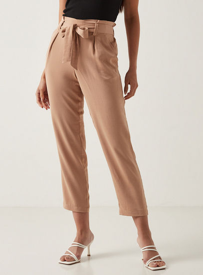 Solid Tapered Fit Ankle Length Trousers with Tie-Up Belt