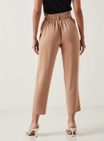 Solid Tapered Fit Ankle Length Trousers with Tie-Up Belt
