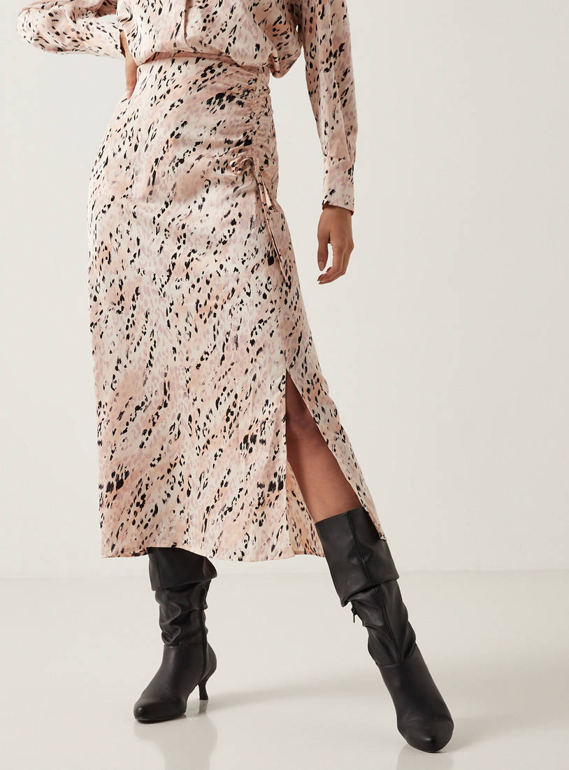 Printed Ruched Detail Skirt with Side Slit-Midi-image-1