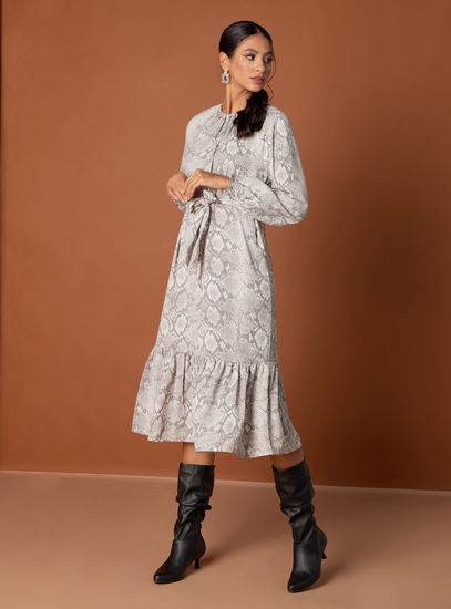 فستان ميدي متعدد الطبقات بطبعات ثعبان وأكمام طويلة-ميدي-image-0