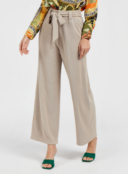 Textured Corduroy Wide Legged Pants with Elasticised Waist and Belt Tie-Ups
