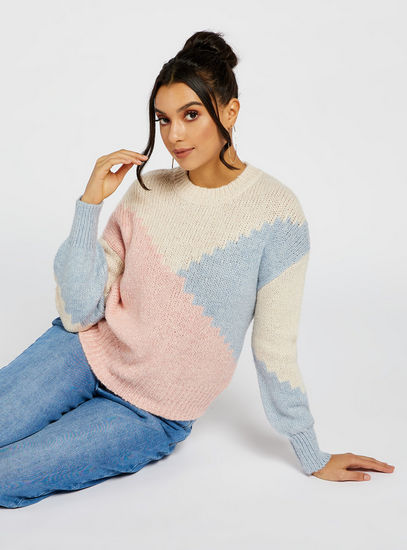 Colour Block Sweater with Round Neck and Long Sleeves-Sweaters & Cardigans-image-1