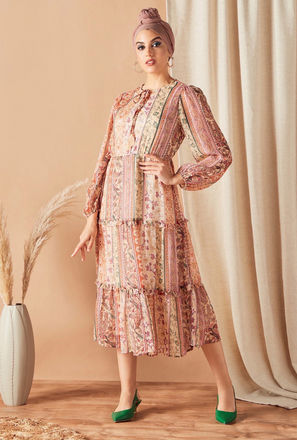 Printed Tiered Dress with Long Sleeves and Neck Tie-up-mxwomen-clothing-dressesandjumpsuits-midi-1