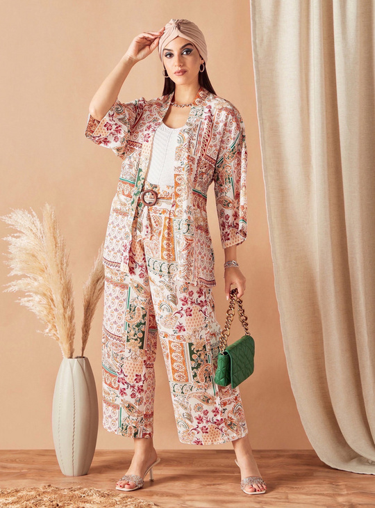 All-Over Print Flared Leg Pants with Tie-Up Belt and Paperbag Waist
