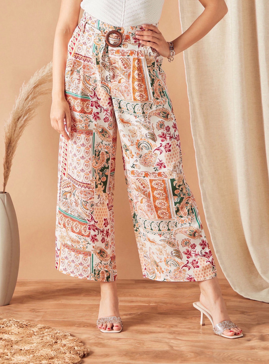 All-Over Print Flared Leg Pants with Tie-Up Belt and Paperbag Waist