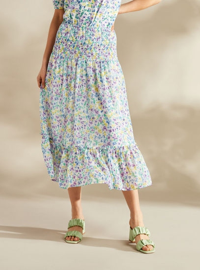Floral Print Skirt with Elasticated Waistband and Ruched Detail-Midi-image-1