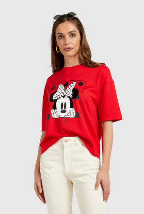 Minnie Mouse Print T-shirt with Short Sleeves and Round Neck