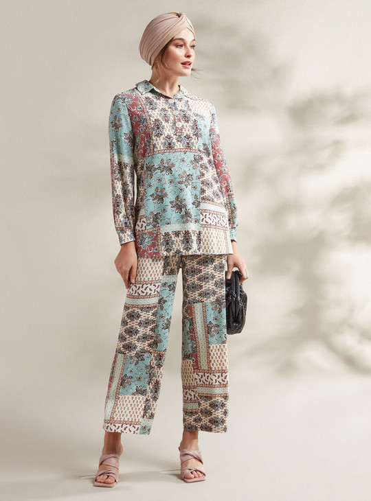 All-Over Printed Wide-Leg Pants with Elasticated Waistband