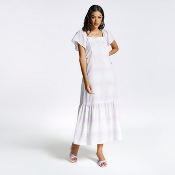 Printed Midi Tiered Dress with Square Neck and Flutter Sleeves