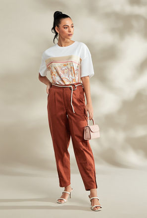 Textured Pants with Button Closure and Rope Belt