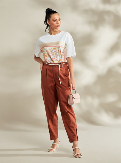 Textured Pants with Button Closure and Rope Belt-Pants-image-0