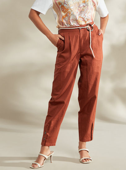 Textured Pants with Button Closure and Rope Belt-Pants-image-1