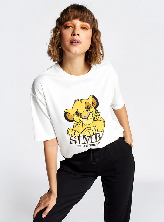 Simba Print Crew Neck T-shirt with Short Sleeves