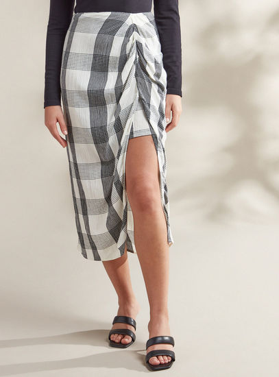All-Over Checked Skirt with Slit Detail-Midi-image-1