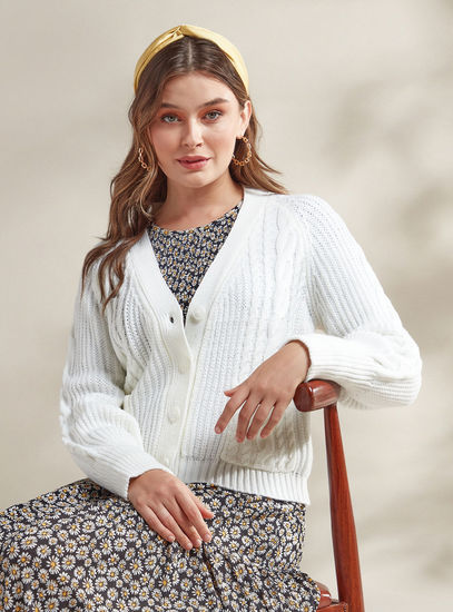 Textured V-Neck Cardigan with Pockets and Long Sleeves-Sweaters & Cardigans-image-0