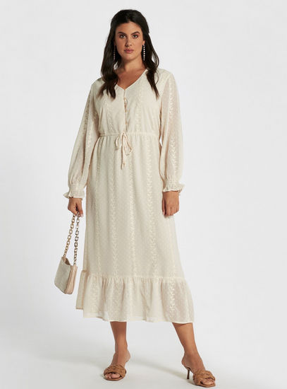 Textured Midi Dress with Drawstring Detail and Long Sleeves
