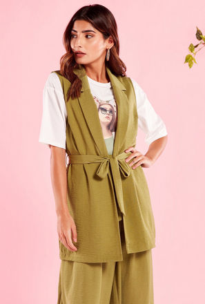 Solid Sleeveless Jacket with Tie-Up Belt