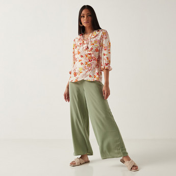 Solid Mid-Rise Wide Leg Pants with Button Detail and Elasticated Waistband
