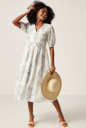 Floral Print Schiffy Tiered Dress with V-neck and Short Sleeves
