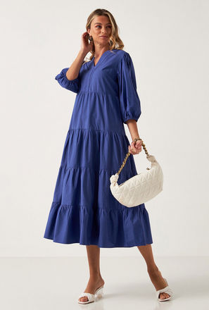 Solid Tiered Midi Dress with V-neck and 3/4 Sleeves