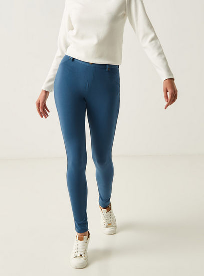Solid Mid-Rise Jeggings with Elasticated Waistband and Pockets