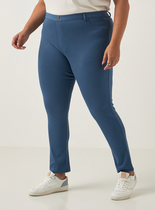 Solid Mid-Rise Jeggings with Elasticated Waistband and Pockets
