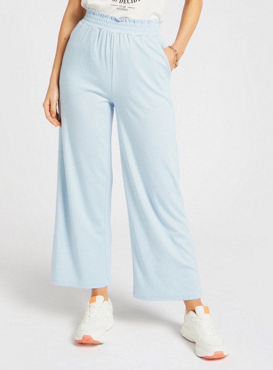 Solid Mid-Rise Palazzo Pants with Elasticated Waistband and Pockets