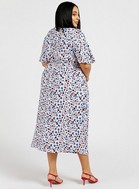 All-Over Floral Print Midi A-line Dress with Short Sleeves and Tie-Up Belt