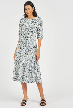 Floral Print Tiered Midi Dress with Round Neck and Waist Tie Up