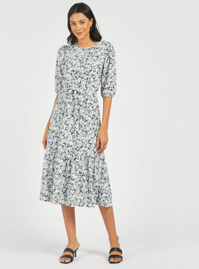 Floral Print Tiered Midi Dress with Round Neck and Waist Tie Up-Midi-image-0