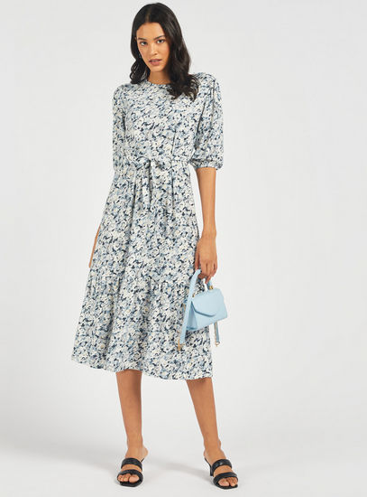 Floral Print Tiered Midi Dress with Round Neck and Waist Tie Up-Midi-image-1
