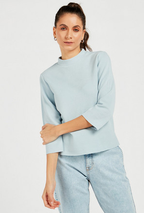 Textured High Neck Sweater with 3/4 Sleeves