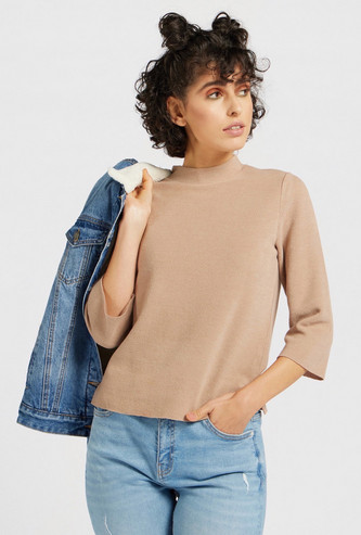 Textured High Neck Sweater with 3/4 Sleeves