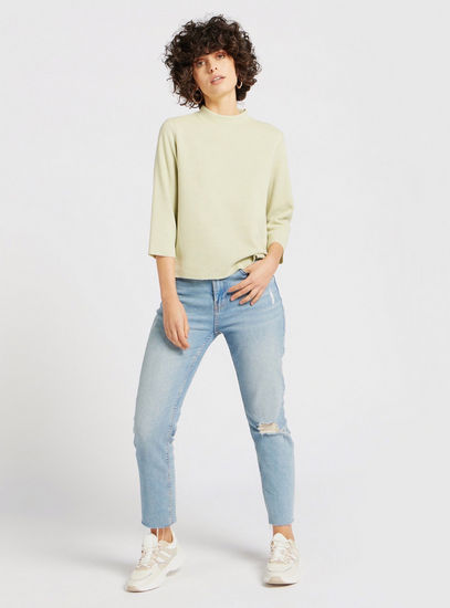 Textured High Neck Sweater with 3/4 Sleeves-Sweaters & Cardigans-image-1