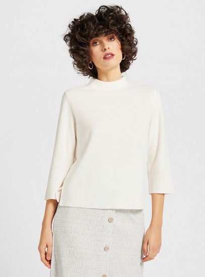 Textured High Neck Sweater with 3/4 Sleeves-Sweaters & Cardigans-image-0