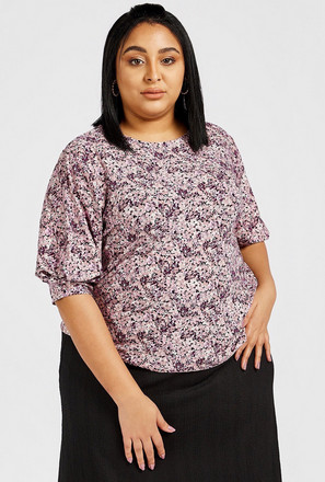 All-Over Floral Print Top with Round Neck and Puff Sleeves