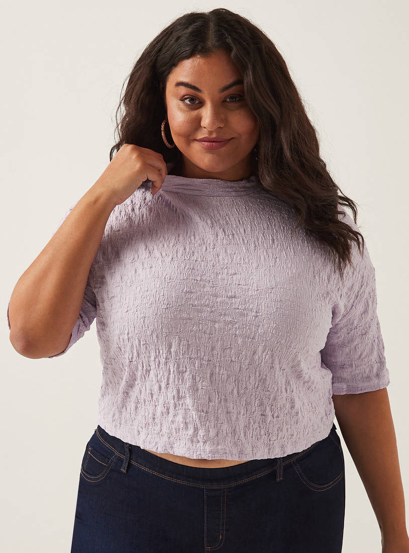 Textured Crew Neck Top with Short Sleeves-Blouses-image-0