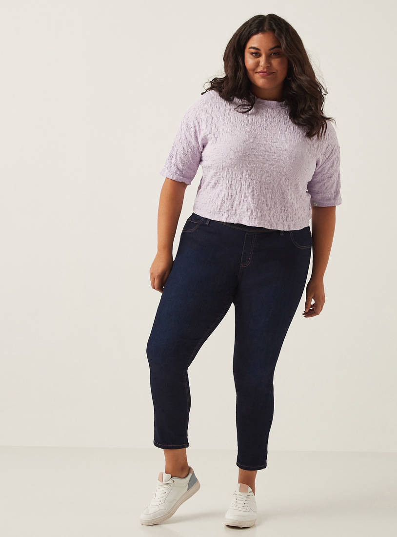 Textured Crew Neck Top with Short Sleeves-Blouses-image-1