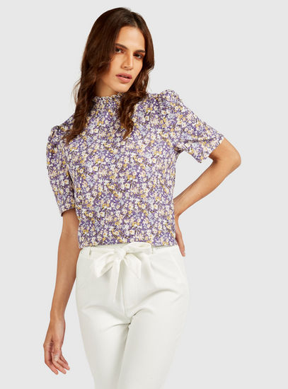 All-Over Floral Print High Neck Top with Short Sleeves-Blouses-image-0