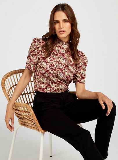 All-Over Floral Print High Neck Top with Short Sleeves