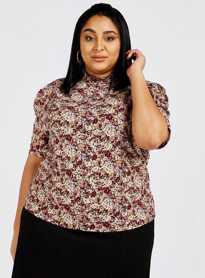 All-Over Floral Print High Neck Top with Short Sleeves-Blouses-image-0
