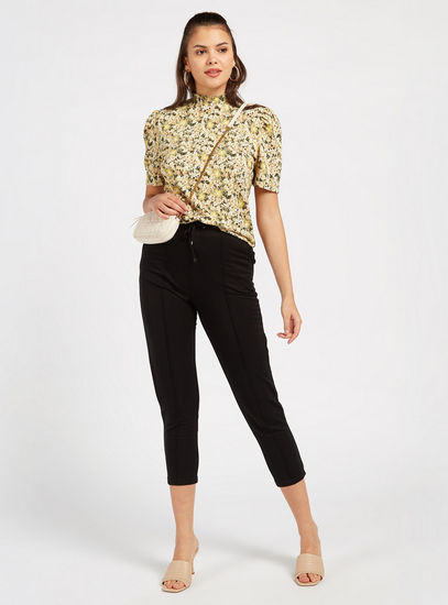 All-Over Floral Print High Neck Top with Short Sleeves