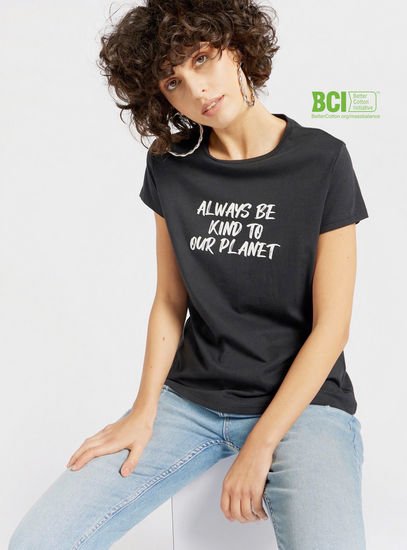Slogan Print BCI Cotton T-shirt with Round Neck and Short Sleeves-T-shirts & Vests-image-0