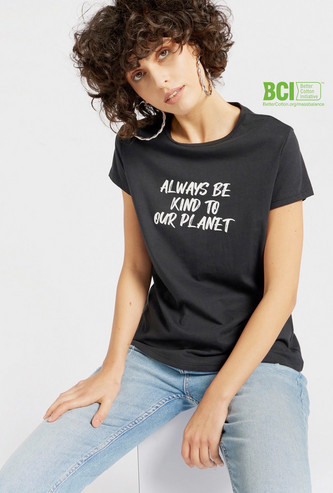 Slogan Print BCI Cotton T-shirt with Round Neck and Short Sleeves