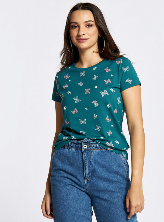All-Over Butterfly Print T-shirt with Short Sleeves and Crew Neck