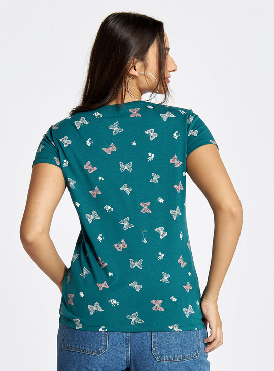 All-Over Butterfly Print T-shirt with Short Sleeves and Crew Neck
