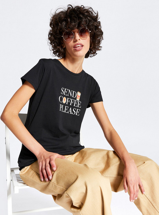 Slogan Print BCI Round Neck T-shirt with Short Sleeves